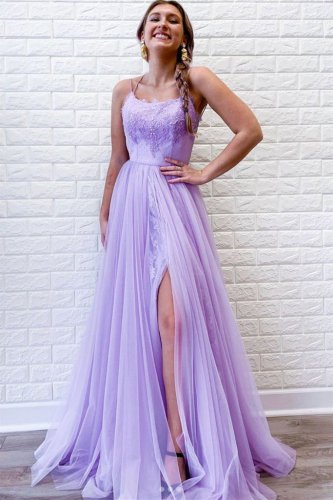 Branching Spaghetti Strap Lilac Tulle Thin Lace Lining Prom Dress With Slit