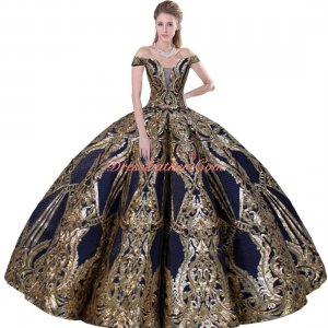 Off Shoulder Floral Sequined Lace Covered Box Pleated Wavy Skirt Quinceanera Dress Navy Blue