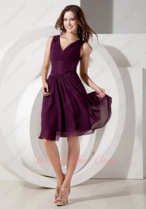 Dark Purple V-neck Knee Length Skirt Wedding Party Bridesmaid Wear Promotion