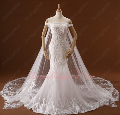 Flat Shoulder Tree Pattern Lace Pure White Wedding Bridal Dress and Mantle Detachable
