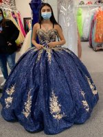 Sweetheart Glitter Lace Application Navy Blue Quinceanera Dress Discount