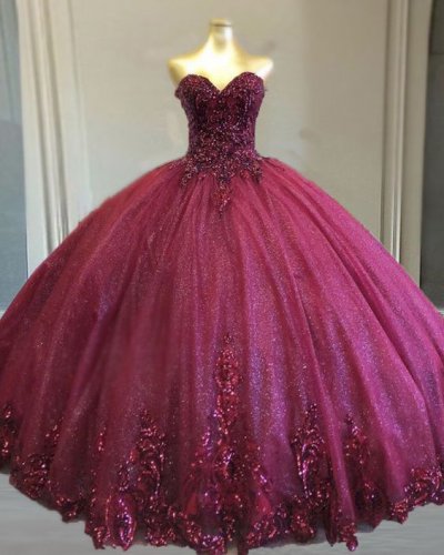 Stunning Sweetheart Applique Shimmery Tulle Burgundy Quinceanera Ball Gown