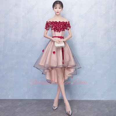 Handmade Flowers And Sash Decorate Tulle Hi-Lo Prom Dress With Blush Lining