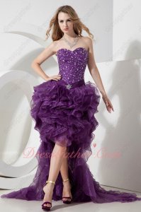 Grape Organza Silver Beading High Low Prom Evening Dress Short Dress With Train