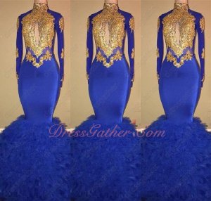 Shealth Mermaid Package Hips Show Figure Stretchy Fabric Royal Blue Dress Gold Applique