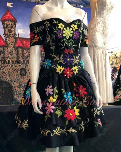 Western Style Colorful Embroidery Two Layers Little Black Prom Dress Cocktail Party