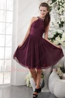 Beading High Collar Dark Purple Knee-length Girl Prom Dress Vacation