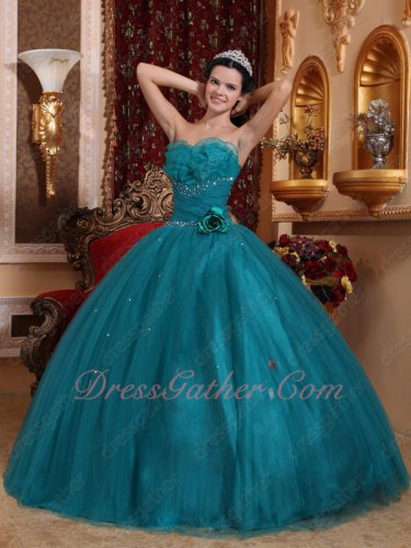 Dark Teal Cyan Mesh Tulle Quinceanera Ball Gown With Layers Flouncing Strapless
