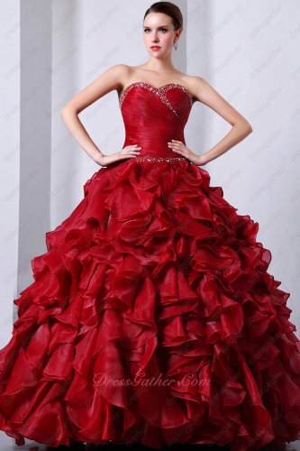 Cascade Ruffle Skirt Wine Red Thick High Quality Organza Puffy Sweet 16 Ball Gown