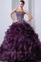 Grape Purple Silver Bead V Waistline Top Ruffles Quinceanera Dresses Gowns Pageant