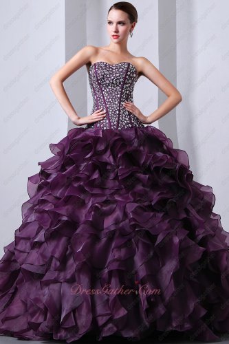 Grape Purple Silver Bead V Waistline Top Ruffles Quinceanera Dresses Gowns Pageant