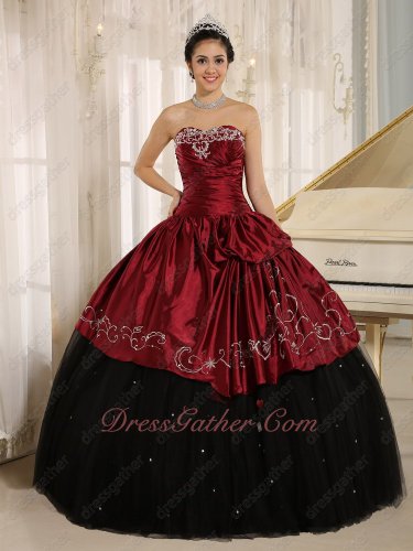 Silver Embroidery Black Plain Tulle Burgundy Taffeta Overlay Quinceanera Ball Gown