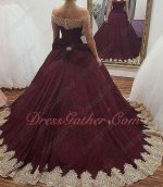 Burgundy Tulle Wave Gold Appliques Evening Quinceanera Gown Detachable Bowknot Back