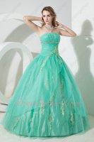 Fashionable Strapless Appliques Natural Wasitline Mint Quinceanera Dress Gown Fluffy