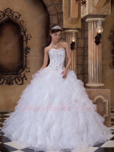White Organza Curly Edge Ruffles NC Quinceanera Dress V Shaped Wasitline Bodice