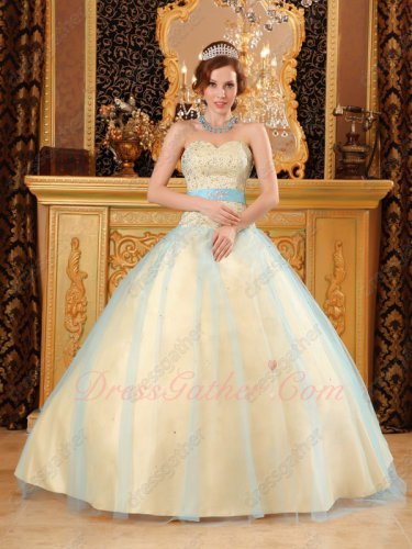Beadwork Bodice Quinceanera Ball Gown Full Yellow Satin Covered With Aqua Blue Mesh