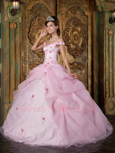 Off Soulder Cute Pink Organza Very Puffy Quince Court Ball Gown Exclusive