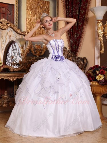 Lavender Details Ruffle Skirt Strapless Quinceanera Dress Pure White