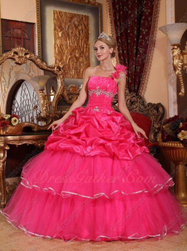 One Shoulder Half Bubble Craft Half Tulle Layers Hot Pink Quinceanera Dress Women