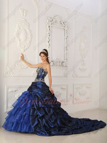 Chapel Bubble Train Overlay Navy Blue Quinceanera Military Ball Gown Village