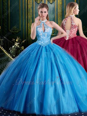 Halter Off White Lining Bodice Sky Blue Folds Skirt Puffy Gowns Quinceanera Boutique