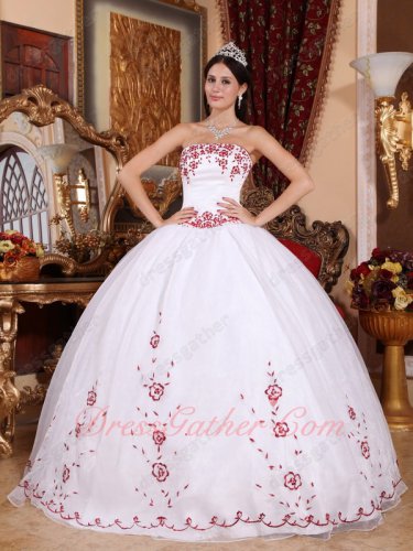 Westward Village Pure White Quince Celebrity Ball Gown With Wine Red Embroidery
