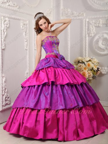 Bicolourable Purple And Fuchsia Layers Cake Ball Gown For Military Women Wear