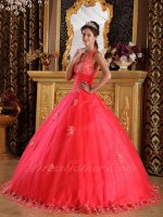 Halter Top Coral Tulle Quinceanera Ball Gown Factory Direct Sell With Middleman