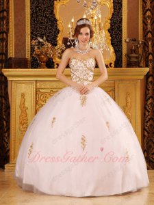 Designers List White Flat Puffy Slip Quinceanera Dress With Gold Embroidery Details