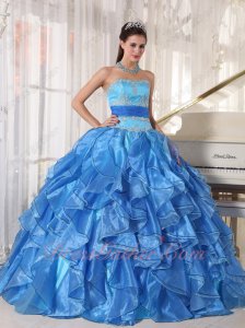 Royal and Aqua Mingled Organza Dense Ruffles Clearance Designer Quinceanera Gown Cheap