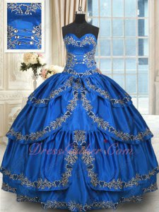 Western Quinceanera Gown Crossed Layers Skirt Royal Blue With Silver Embroidery Edge