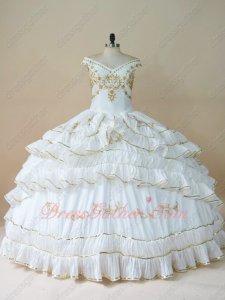 White Taffeta With Gold Embroidery Turnup Curly Layers Edging Quinceanera Spanish