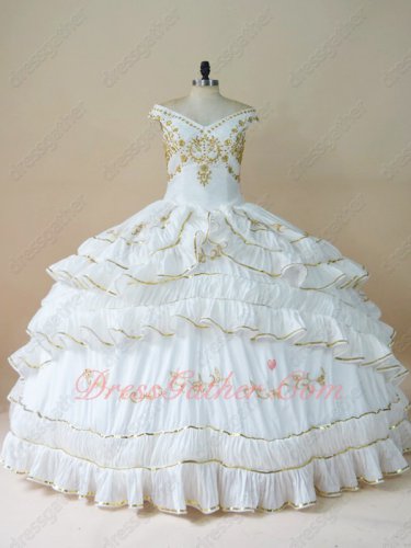 White Taffeta With Gold Embroidery Turnup Curly Layers Edging Quinceanera Spanish