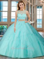 Ice Blue Two Pieces Show Waist Sweet 16 Ball Gown Ruffles Shiny Silver Sequin Hem