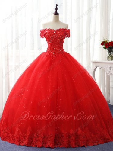 Off Shoulder Wavy Neck Applique Crystals Blouse Quinceanera Gown Sparkle Paillette