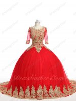See Through Scoop Half Sleeves Red Mesh Quinceanera Ball Gown Chapel Train Gold Detail