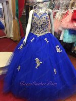 Elegant Quinceanera Ball Gown Royalty Blue With Gold Sparkle AB Crystal Appliques