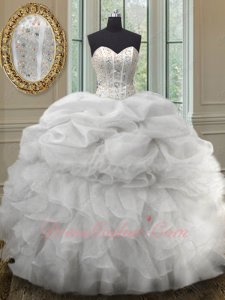 Stripes Beadwork Basque Half Bubble Half Ruffles Ball Gown For Quinceaneara Silver