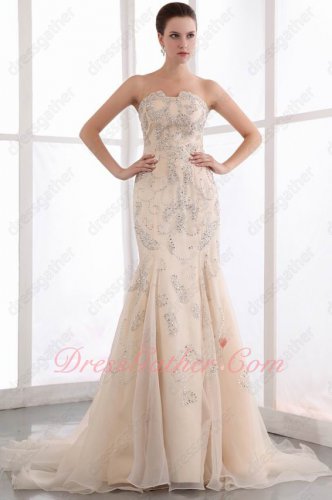 Exclusive Trumpet Fishtail Champagne Organza Formal Evening Gowns Full Crystals Beading