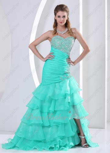 Dropped Oblique Waist Apple Green/Jade Organza Layers Formal Evening Dress Graceful