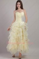 Lightest Yellow Organza Ruffles Ankle Length Party Prom Gowns Inexpensive