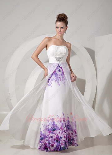 Empire Waist Middle Slit Open With Purple Printed Chiffon Formal Evening Attire