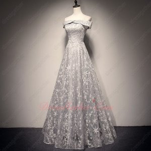 Shiny Stars Over Skirt Unique Silver Lace Flat Shoulders Long Prom Dress