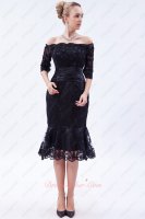 Portrait 1/2 Sleeves Off Shoulder Tea Length Trumpet Evening Gowns Attire Black