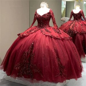 Sparkling V Neckline Long Sleeves Burgundy Applique Quinceanera Dresses Vestido