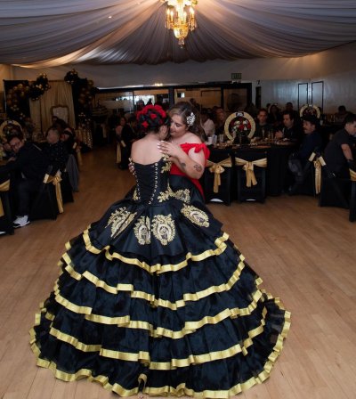 Classical Charro Insignia Horse Head Embroidery Layers Quinceanera Dress Black and Gold
