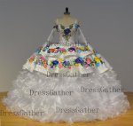 Dual Straps and Flare Sleeves Hand Embroidery Mexican Charro Quinceanera Dress Ruffles
