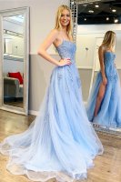 Spaghetti Straps Bateau Applique Baby Blue Masque Party Dress With Slit