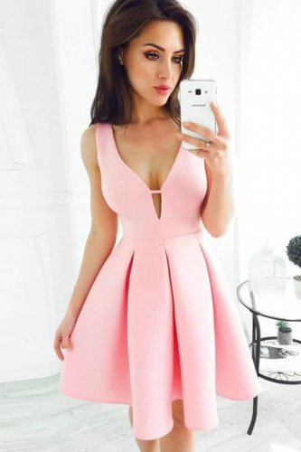 Cute V Neck Pink Thick Satin Homecoming Dress Graduation Party Wear