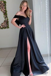 Designer Off Shoulder Black Thick Satin Prom Evening Dress With Right Slit